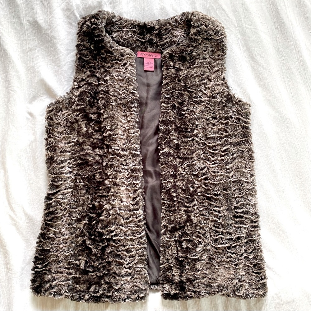 Betsy Johnson Black Gray White Faux Fur Vest Comfy Cozy
